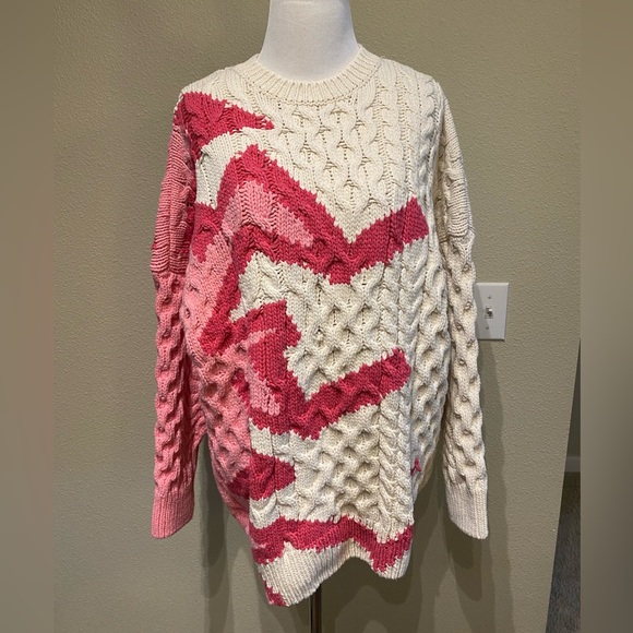 ZARA Cotton mix cable oversized knit Sz XS-Small Pink Cream lightning design - Picture 2 of 7